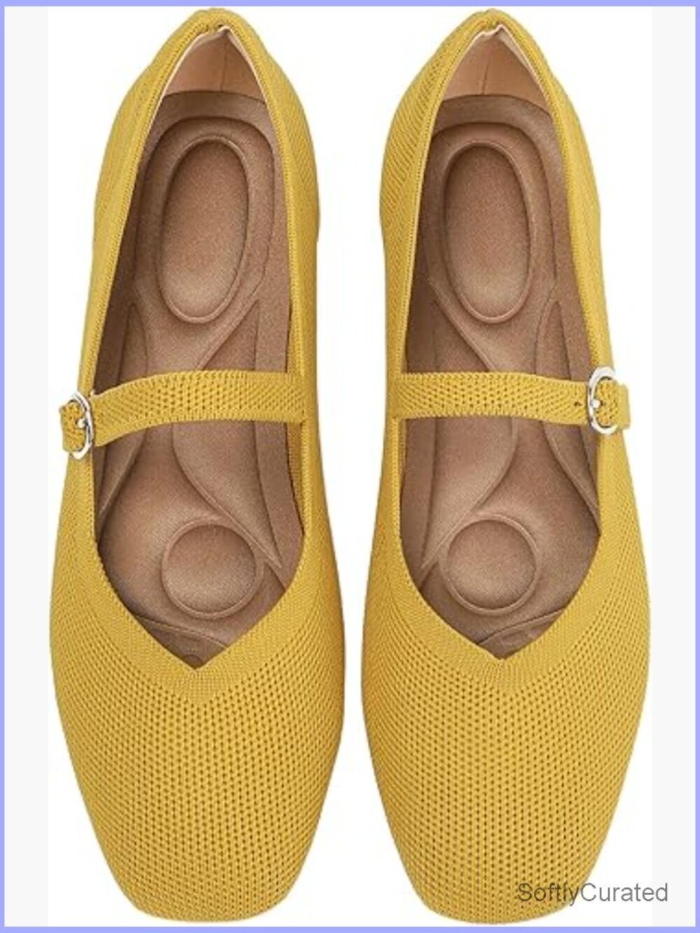 Square Toe Knit Ballet Flats with Adjustable Ankle Strap Washable Comfort Shoes